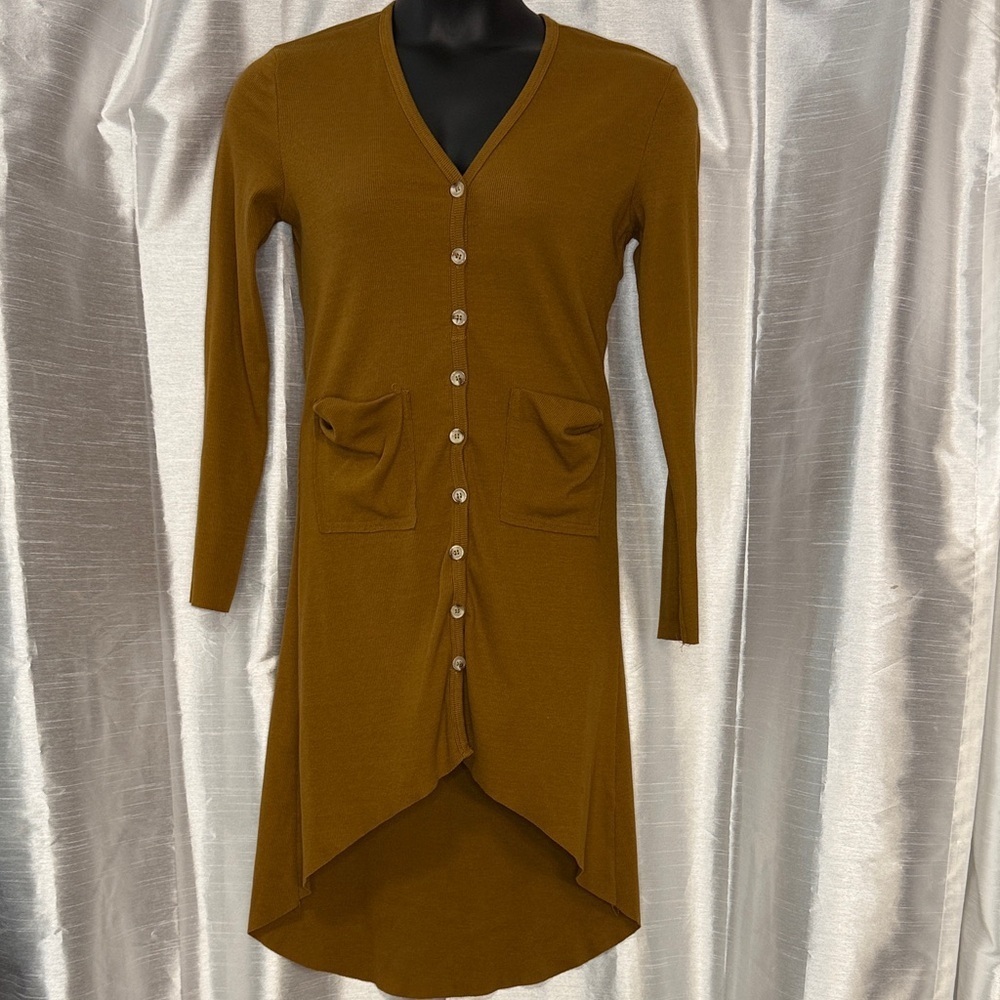 Unbranded Cardigan Duster Sweater Women’s S Ribbed Draped Pockets Raw Hem V Neck
